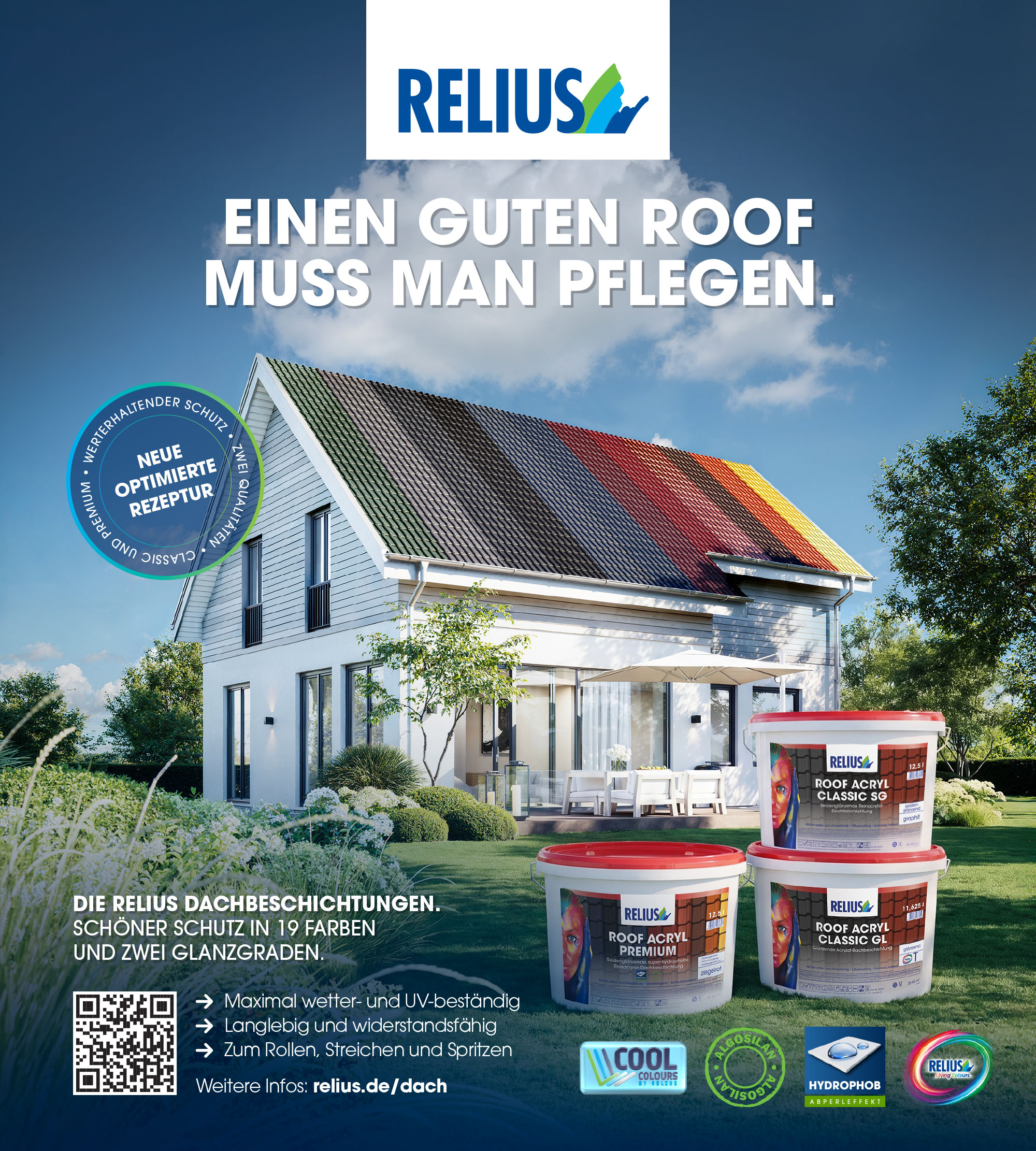 RELIUS ROOF Anzeige: Einen guten Roof muss man pflegen – Haus mit Dach in Farbstreifen und drei Produktgebinden